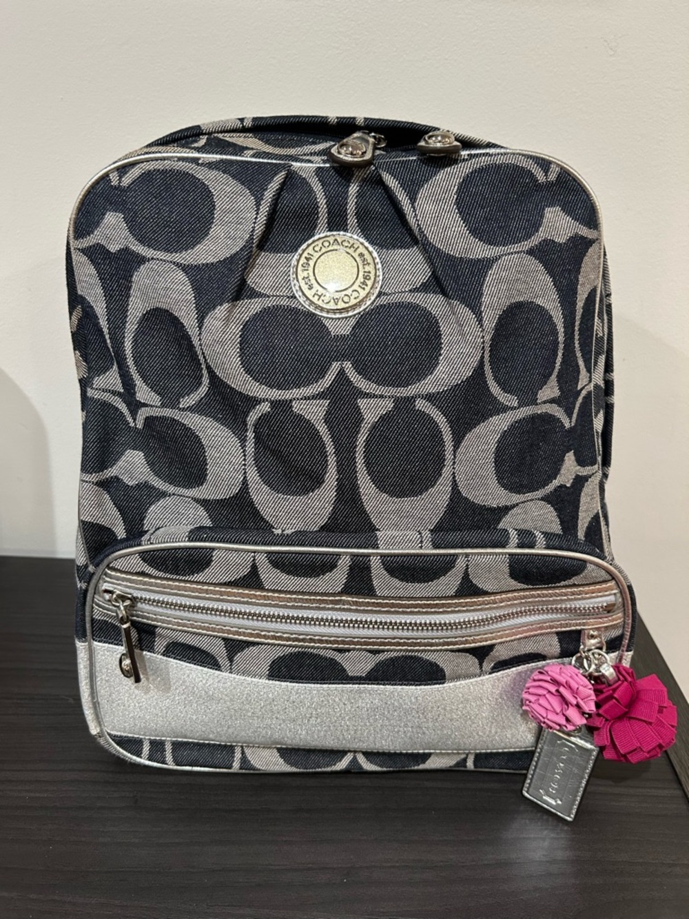 Coach Poppy Signature Denim & Silver Stripe Backpack EUC